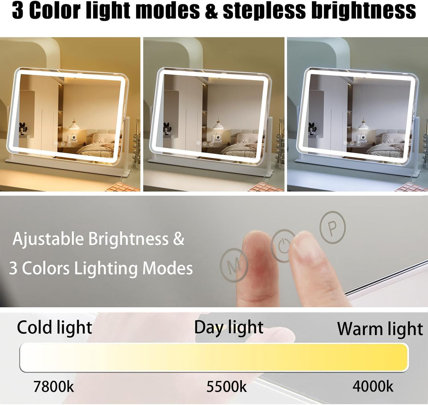 HIEEY Vanity Mirror with Lights, 13.5" x 17.4" Makeup Mirror with Lights, Three Color Lighting Modes, and 5X Magnification Mirror, Smart Touch Control, 360°Rotation (White,Gift Box)