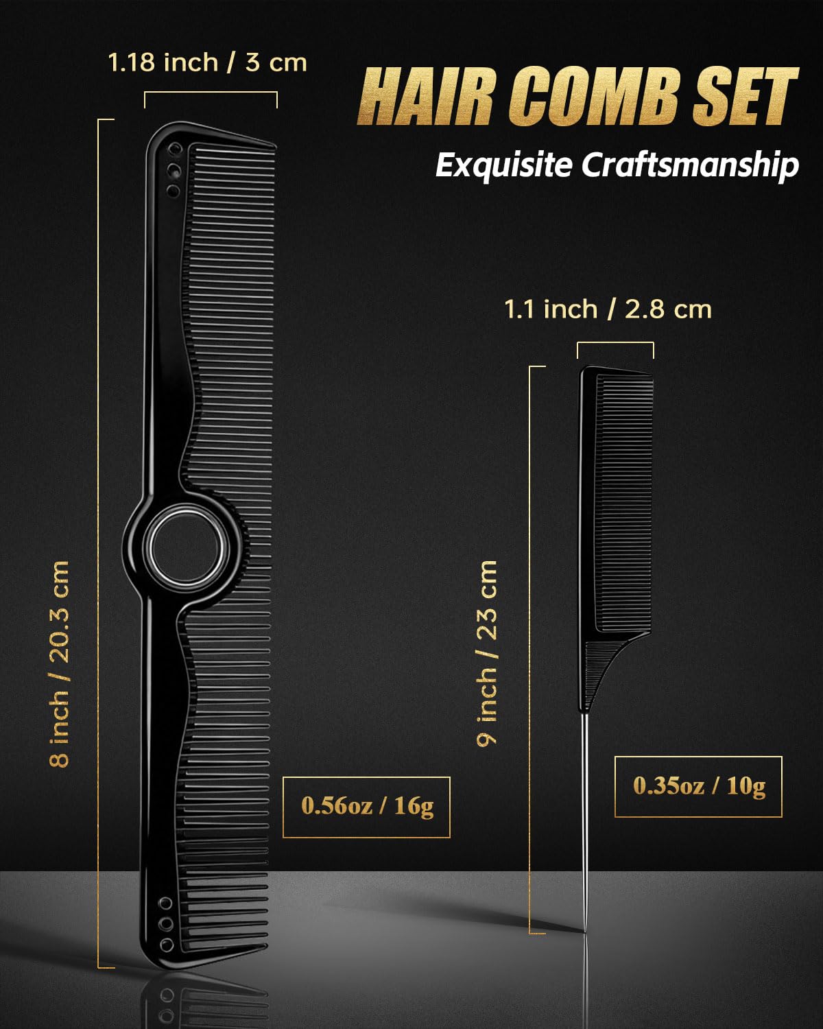 Rotatable Hair Comb, 8" Fine & Wide Tooth Comb with Bonus 9" Rat Tail Comb | Professional Hair Comb for Men Women, Carbon Fiber + ABS, Rounded Teeth, Heat Resistant for Hair Stylists, Barbers