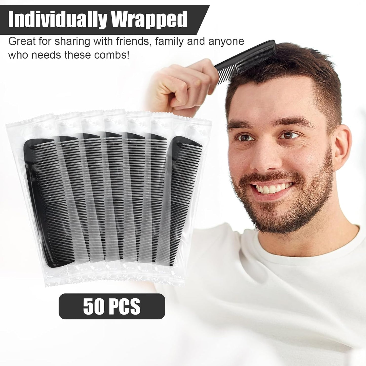 Pocket Combs Bulk for Men 50 Pack, Homeless Supplies Bulk, Individually Wrapped Beard Barber Mini Comb for Travel Hotel Shelter Donation Operation Bulk Christmas Child Item Gifts (Black)