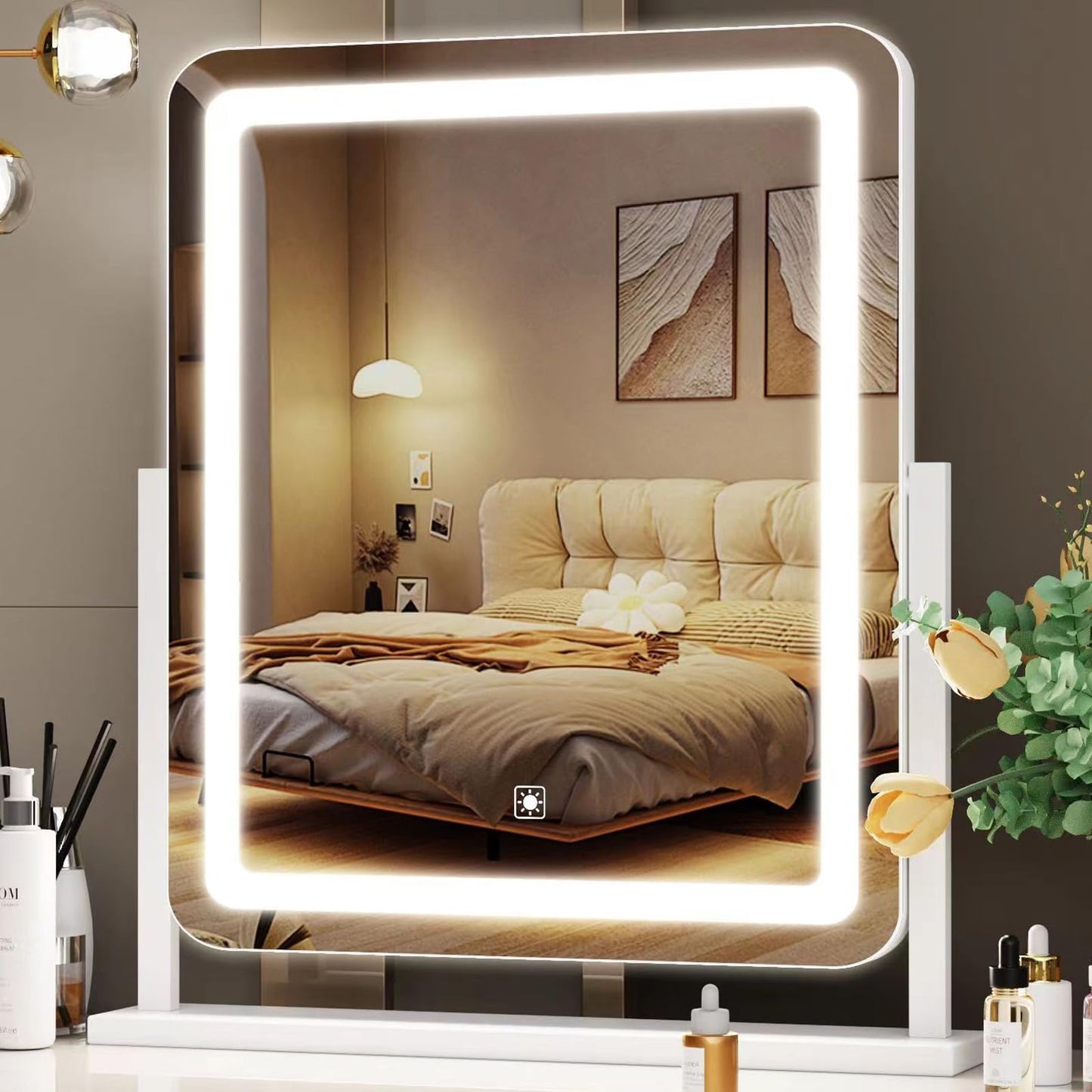 Gvnkvn Lighted Makeup Mirror, Hollywood Vanity Mirror with Lights, Three Color Lighting Modes, and Detachable 10X Magnification Mirror, Smart Touch Control, 360°Rotation (15.2in. Gold)