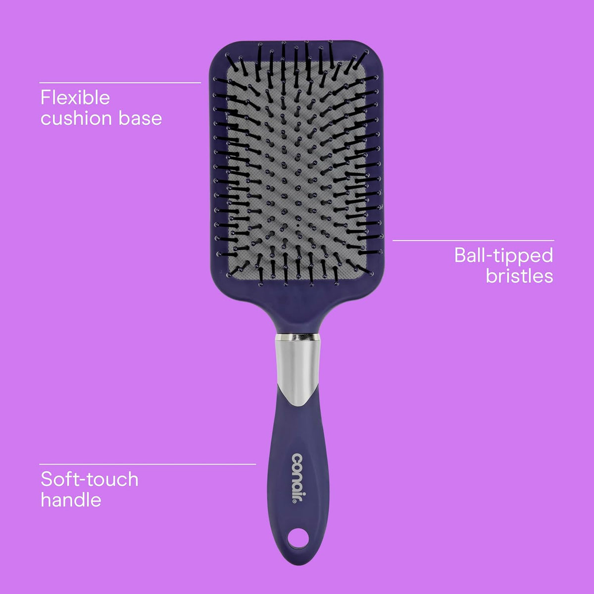Conair Paddle Hair Brush, Ultra Wide Detangling Design for Thick Hair | Paddle detangler brush with ball-tipped bristles, a soft-touch handle, and a flexible cushion base for stress-free brushing