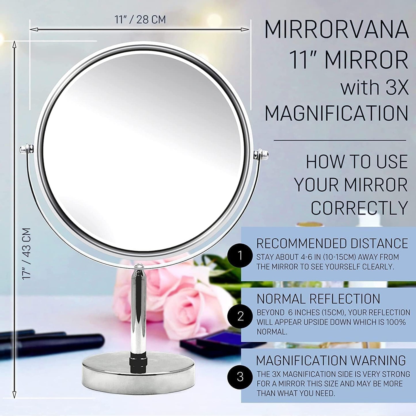 XXL Double Sided 3X Magnifying Makeup Mirror with Stand, 17"x11" | 1X Flip Side & 3X Magnifying Mirror with Sturdy Base - Ideal for Desk, Table, Office, Retail Store Counters & Makeup Vanities