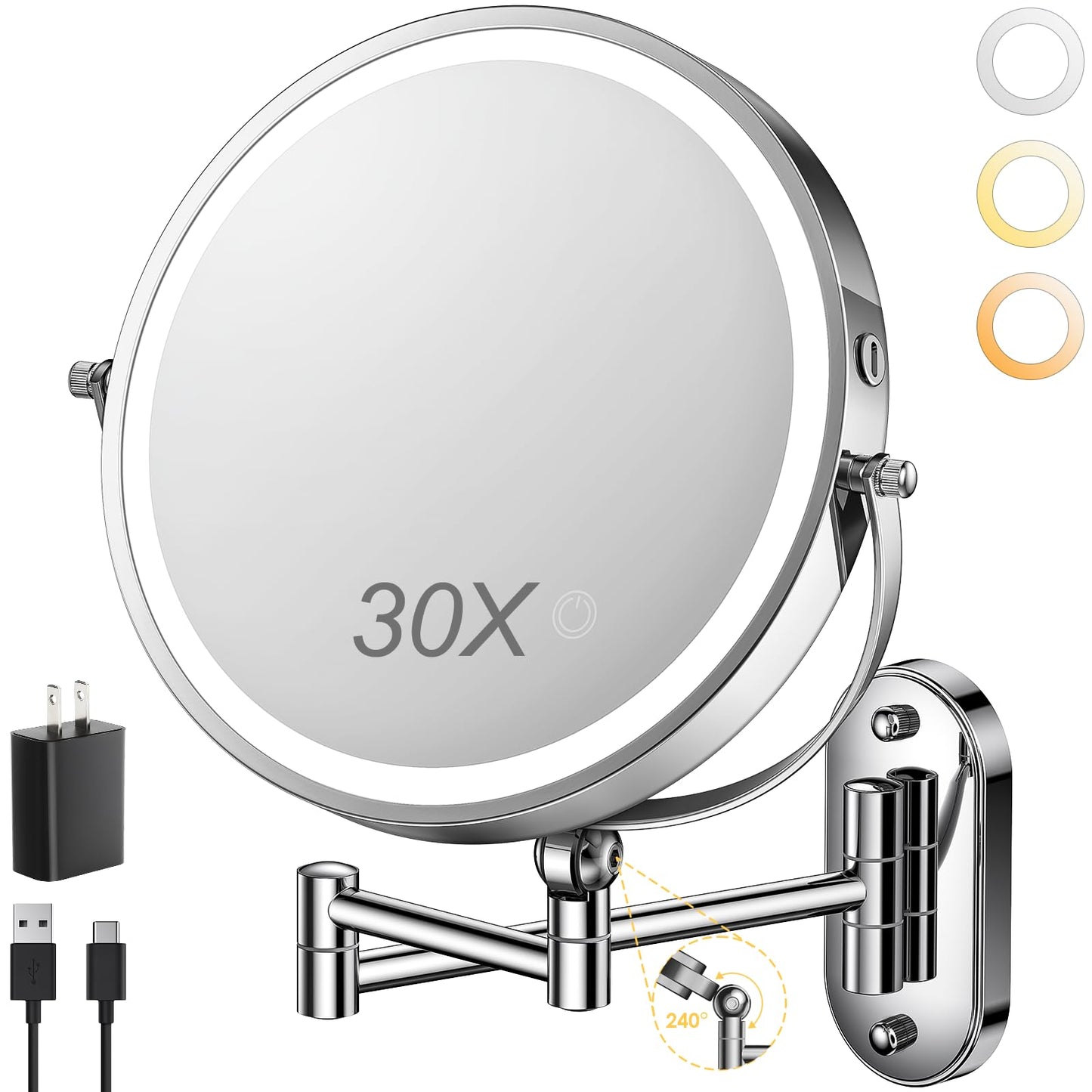 ZLOKLA 9" Wall Mounted Lighted Makeup Mirror,4000mAh Rechargeable Double Sided 1X/30X Magnifying Mirror with Light,Touch Dimmable,Extended Arm 360 Rotation Wall Mounted Makeup Mirror 3 Color Lights-N
