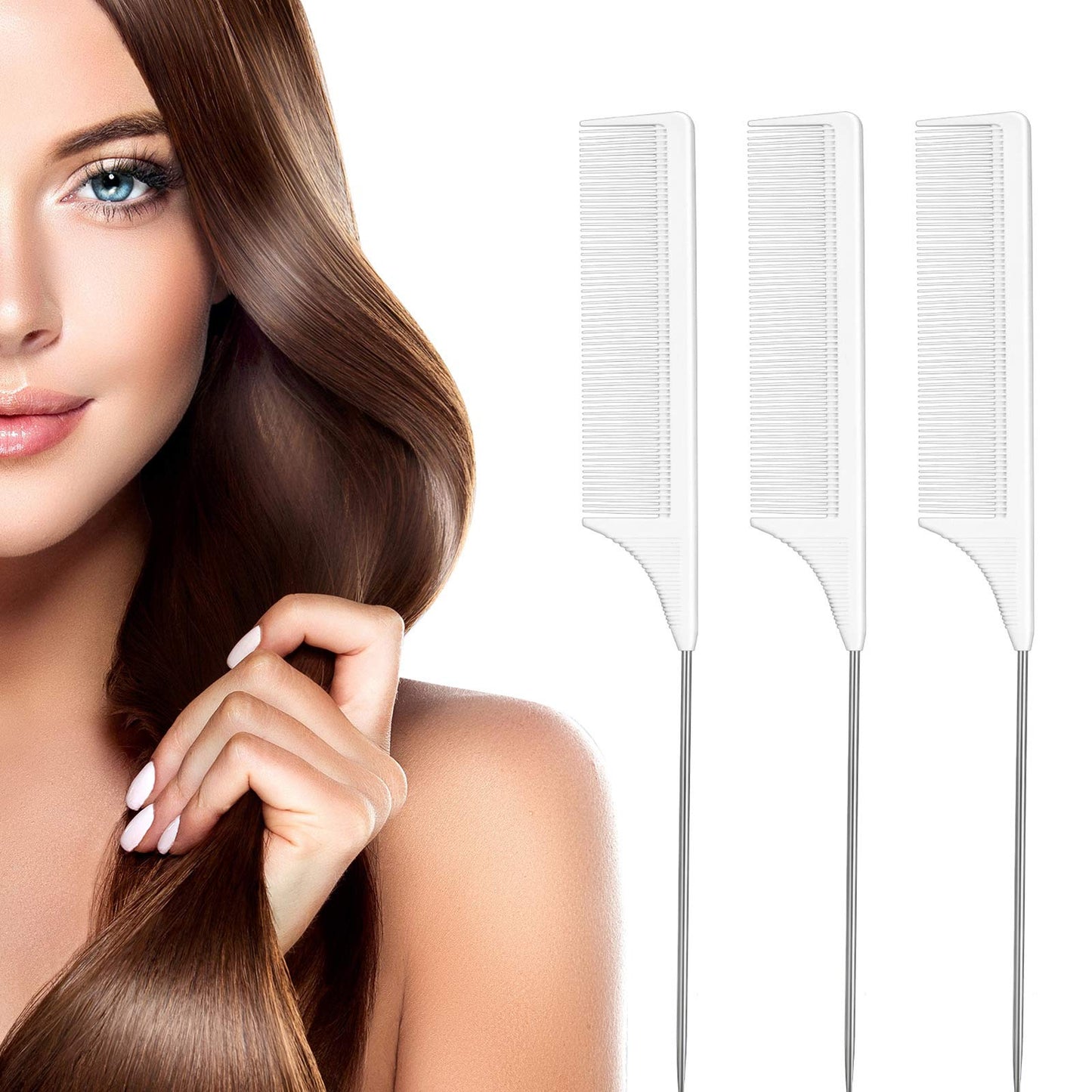 Leinuosen 3 Pack 9 Inch Rat Tail Comb with Metal Pick, Carbon Fiber,Pink | Heat Resistant Styling, Lightweight Sectioning, Fine Tooth for Precise Parting, Teasing Tool for Wigs and Women Haircare