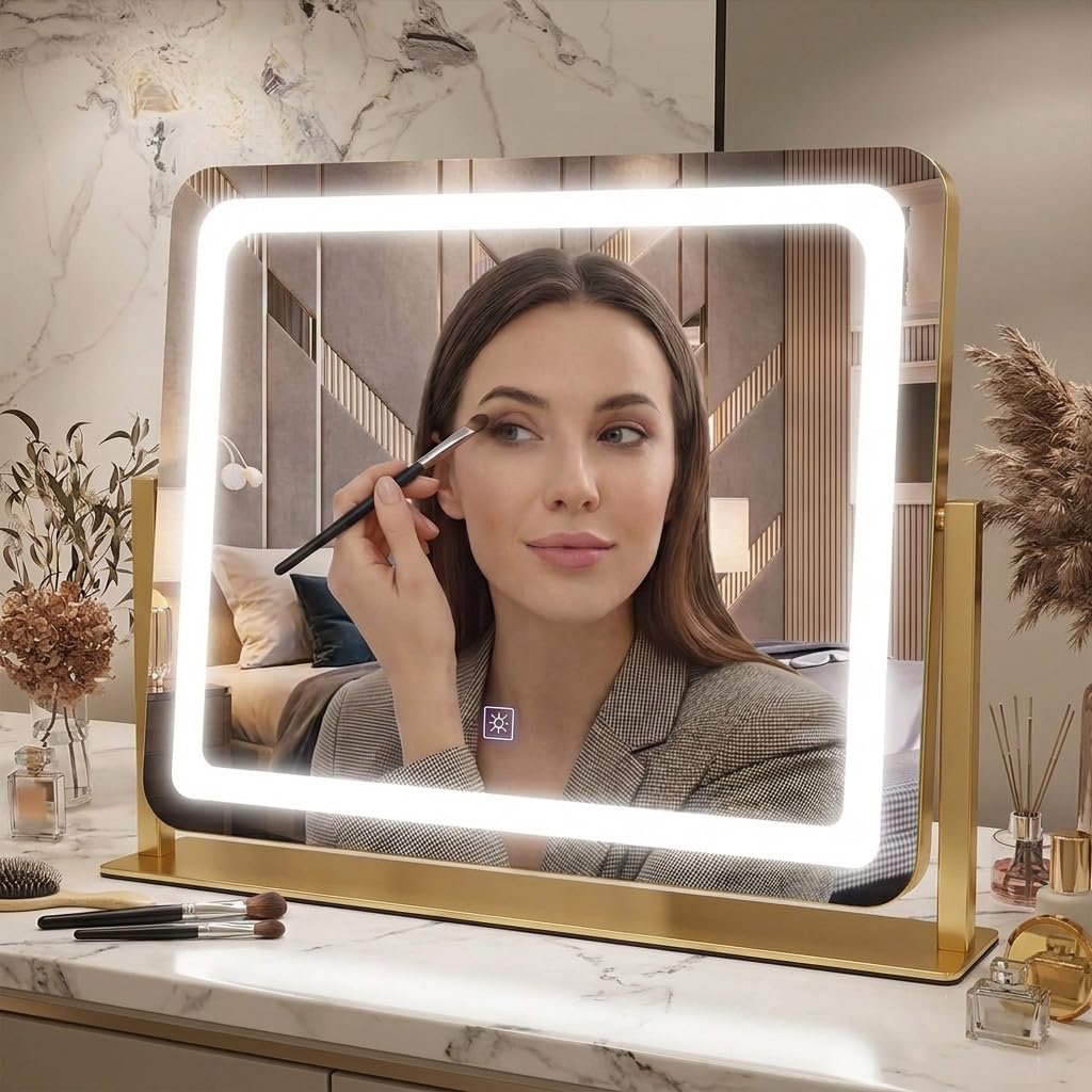 12" x 14" Vanity Mirror with Light, Lighted Makeup Mirror | 3 Color Lighting and Stepless Dimming, Plug-in Required, Memory, Easy Installion, Smart Touch, White