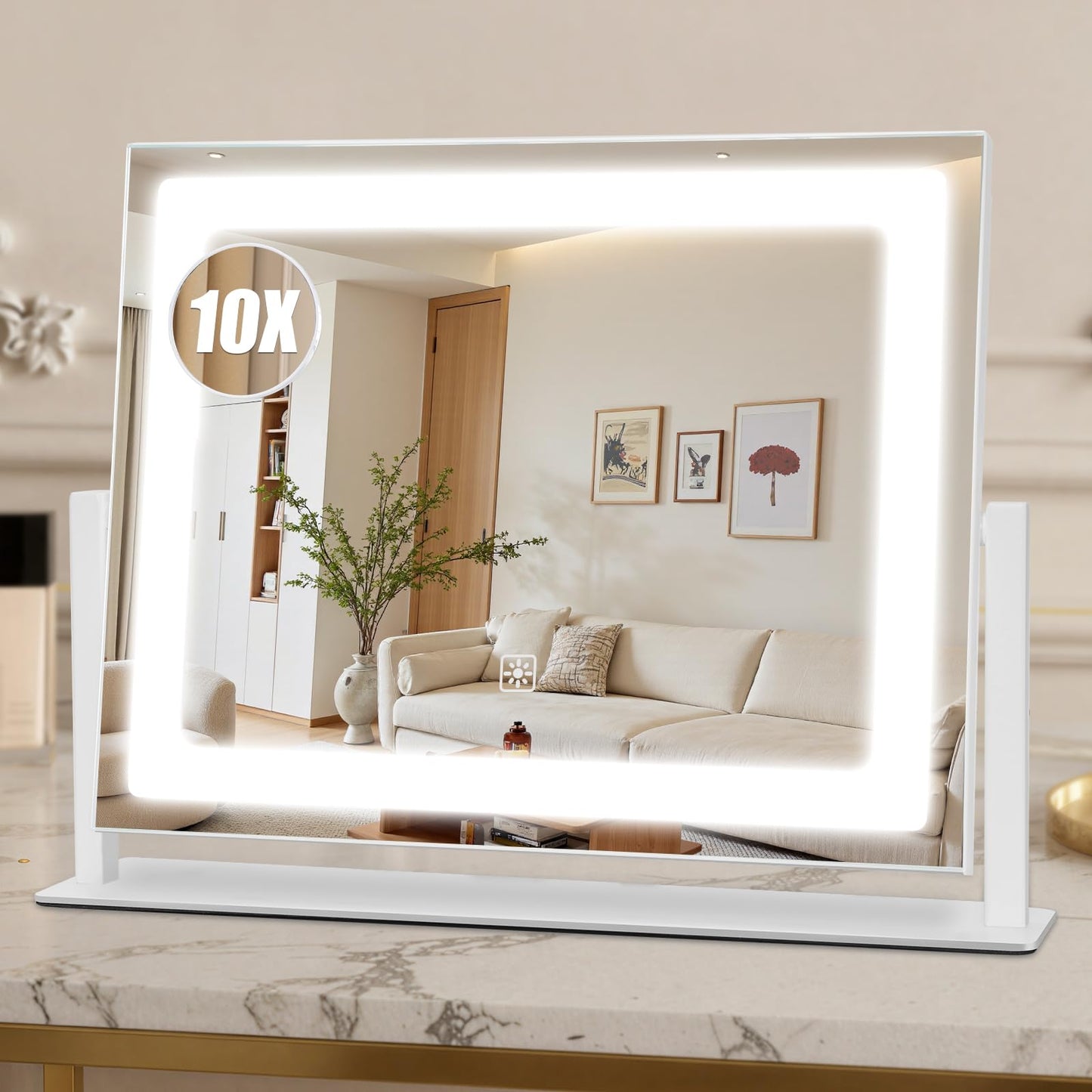 Rechargeable Vanity Mirror with Lights, 10"×8" Makeup Mirror with Lights, 1500mAH Battery, Smart Touch with 3-Color Lighting, Dimmable, HD Desk Mirror, Travel Essentials, Women Gift (White)