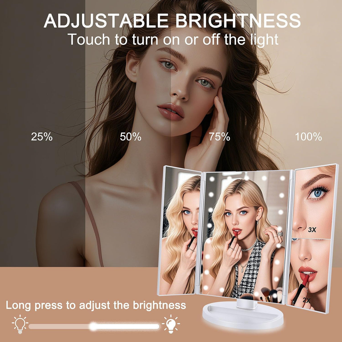 Floor Mount Tri-Fold Lighted Vanity Mirror with 21 LED Lights, Touch Screen and 3X/2X/1X Magnification, Two Power Supply Modes Make Up Mirror,Travel Mirror
