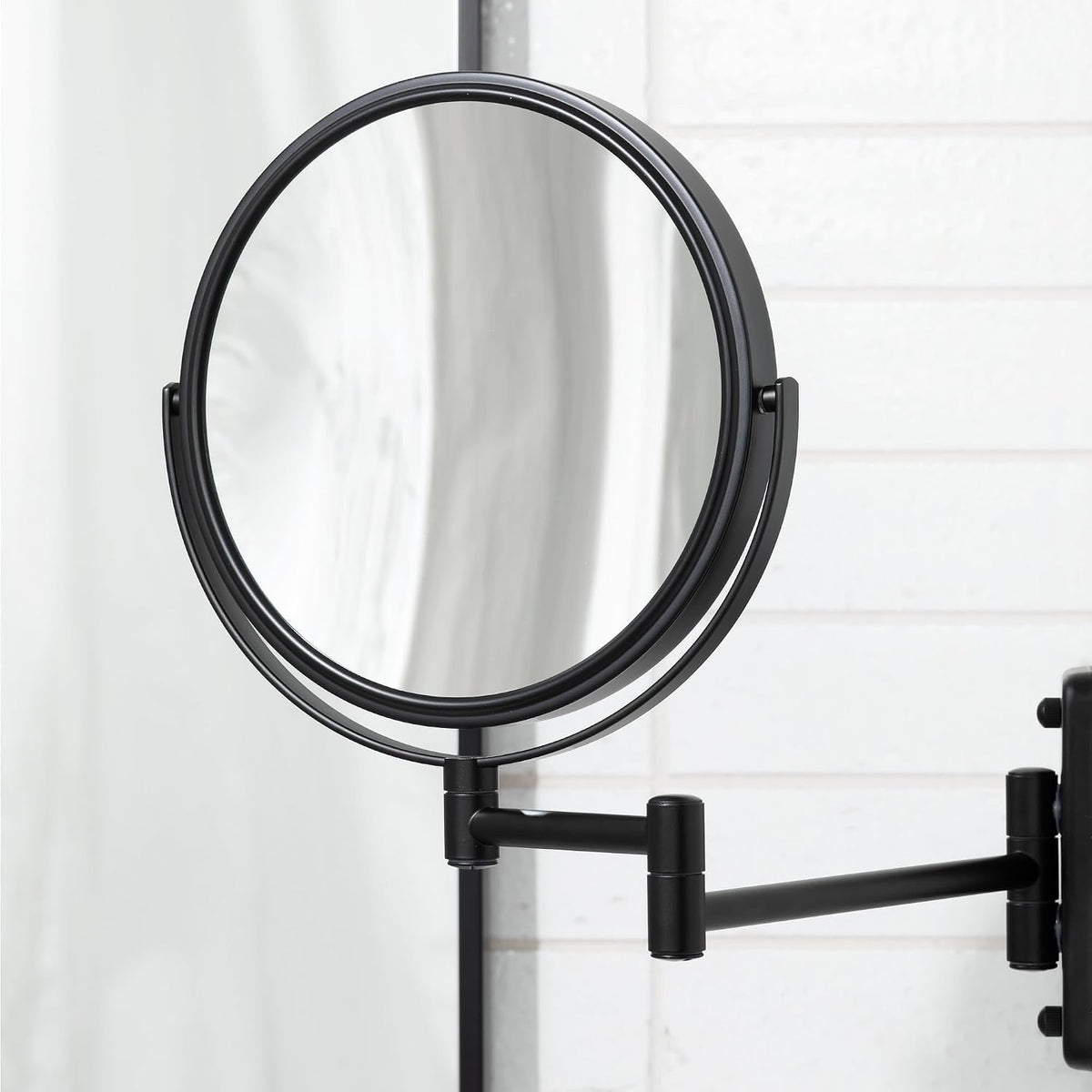JERDON Wall-Mounted Makeup Mirror - 5X Magnification - Black - JP7506BK | 8" Round Frame, 13.5" Wall Extension Arm