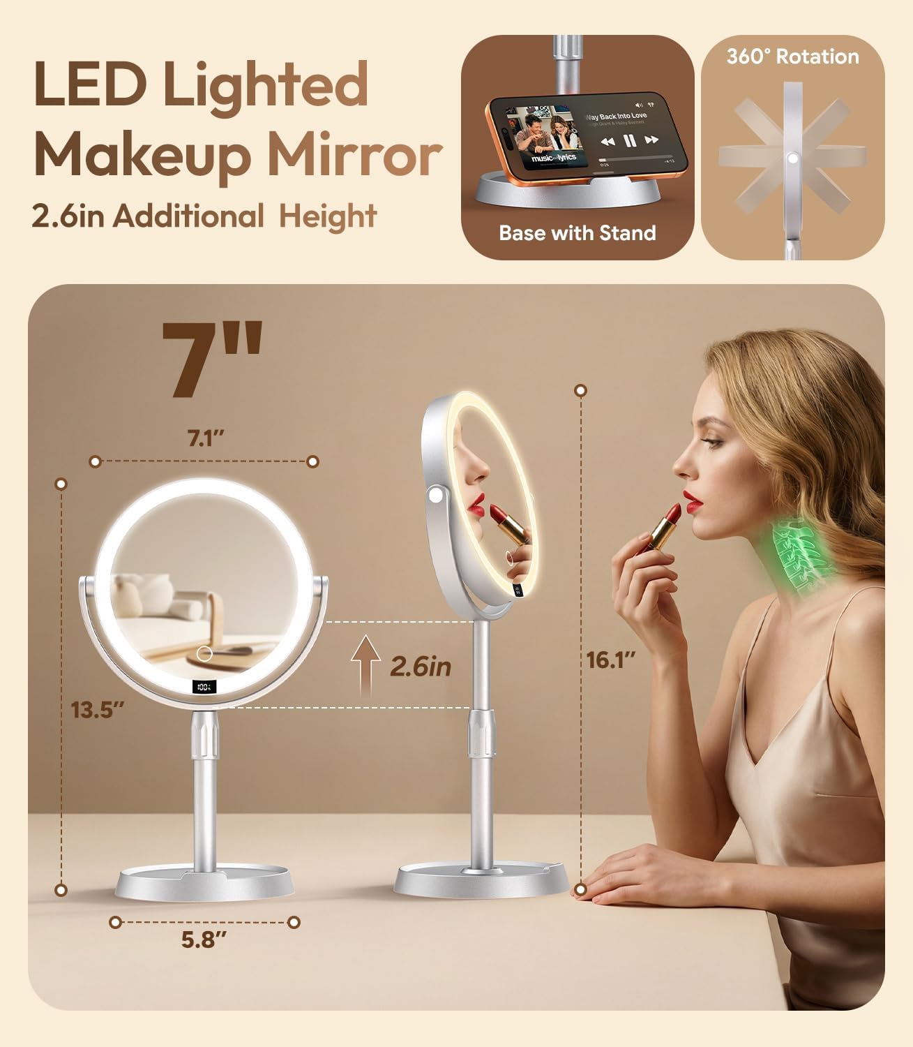 7" ABS Lighted Makeup Mirror with Lights, 1X/20X Magnifying Mirror with Light and Digital Display, 2.6in Height Adjustable, Rechargeable, 3 Color Modes for Makeup & Shaving, Easy to Detach, Women Gift