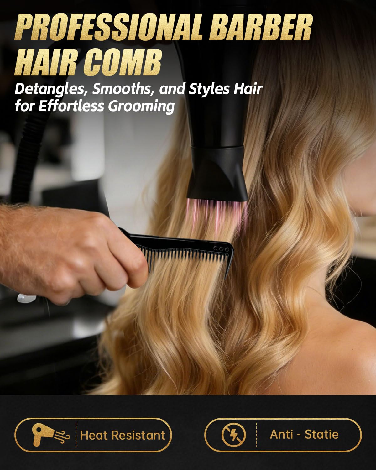 Rotatable Hair Comb, 8" Fine & Wide Tooth Comb with Bonus 9" Rat Tail Comb | Professional Hair Comb for Men Women, Carbon Fiber + ABS, Rounded Teeth, Heat Resistant for Hair Stylists, Barbers