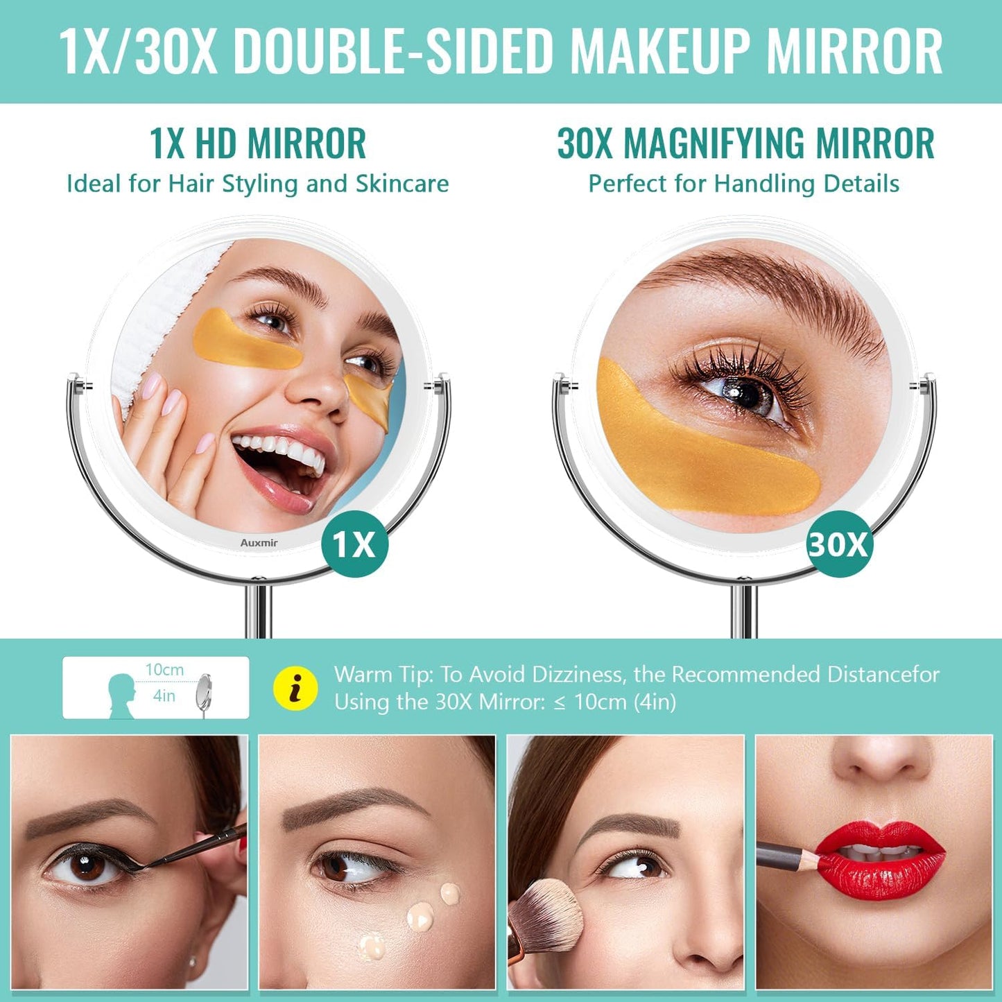 Auxmir 1X/30X Double-Sided Makeup Mirror, 6.7" Magnifying Mirror | 360°Rotation, Vanity Desk Table Stand Travel, Stainless Steel And Abs Construction, Tweezers, 30X Magnification