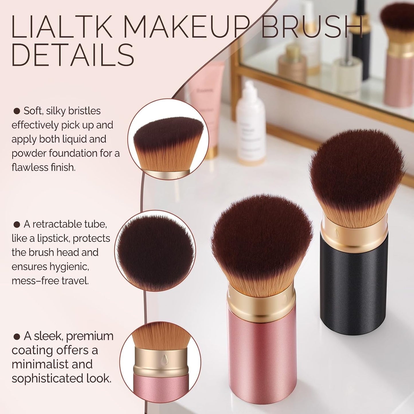 Angled Kabuki Brush with Retractable Desige For Professional makeup | Flawless Application of Foundation,Powder,Blush,Bronzer With Aluminium Body, Non-Toxic Bristles,Cream&liquid cosmetics(Pink)