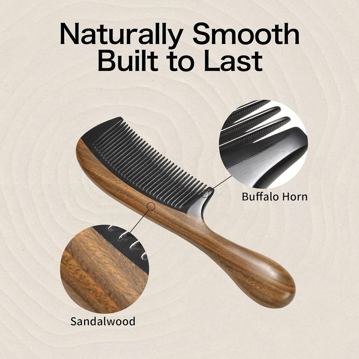 Onedor Handmade Buffalo Horn and Sandalwood Hair Combs - Anti-Static Natural Scent Wooden Detangler (Fine Tooth) | Handmade, Green Sandalwood Handle, 8 x 2 in, 0.1 in Tooth Spacing, Rounded Teeth, Helps Reduce Static, Men and Women