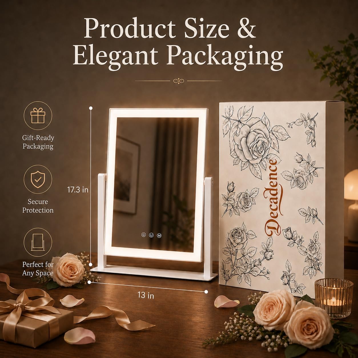 Decadence 17.3 x 13 in Lighted Makeup Mirror, 10X/5X Magnifiers | Plug-in tabletop vanity mirror with 3 color lighting, dimmable touch control, 360° rotation, and removable 10X/5X magnifiers.
