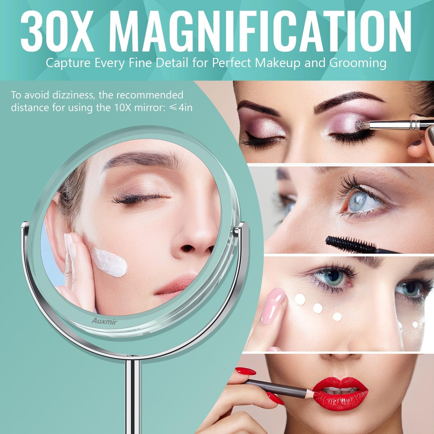 Auxmir 1X/30X Double-Sided Makeup Mirror, 6.7" Magnifying Mirror | 360°Rotation, Vanity Desk Table Stand Travel, Stainless Steel And Abs Construction, Tweezers, 30X Magnification