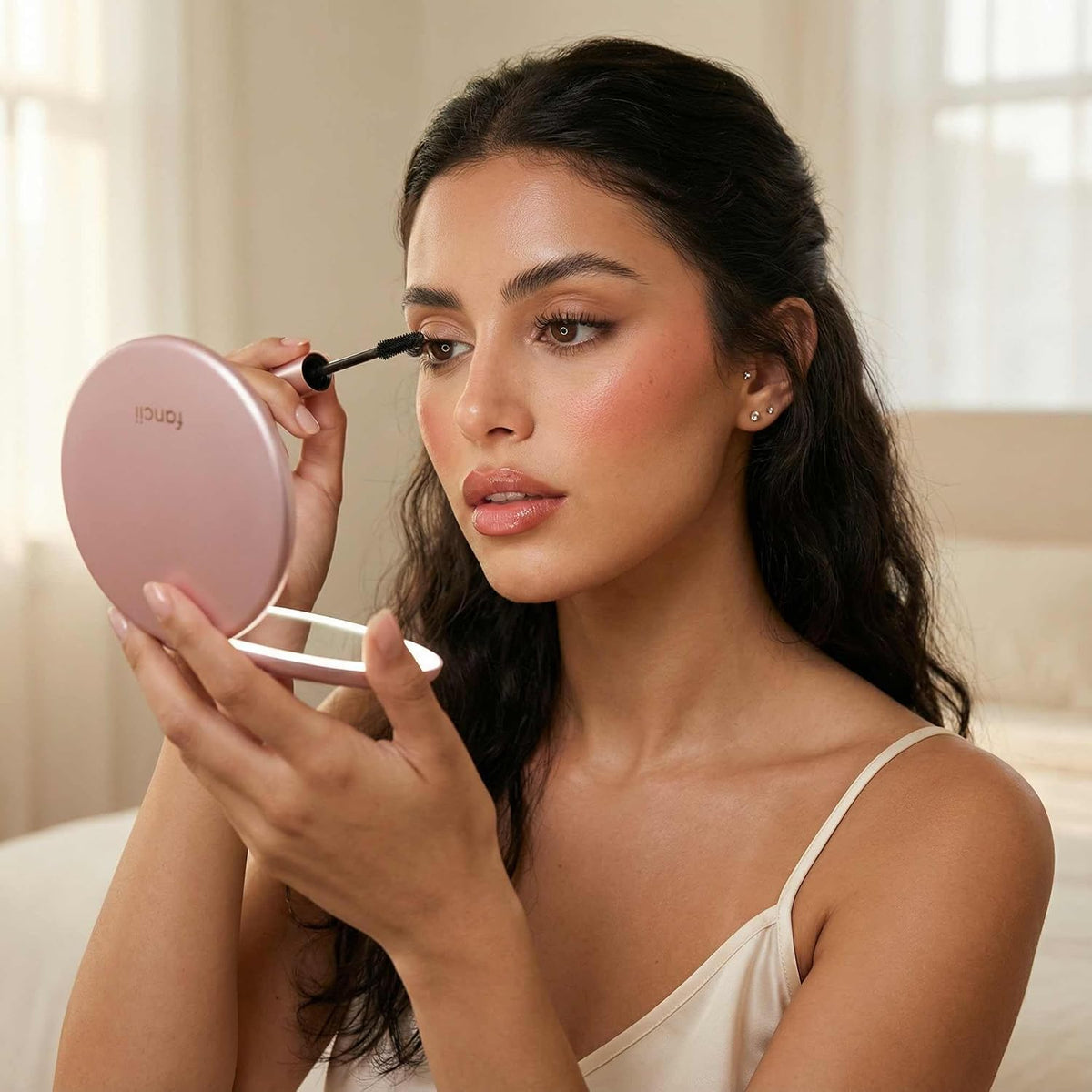 Fancii Taylor LED Lighted Travel Makeup Mirror, Rechargeable with 10x/1x Magnifying & 3 Light Settings - Compact, Portable, Large 5” Wide Hand Mirror for Handbag and Purses (Rose Gold)