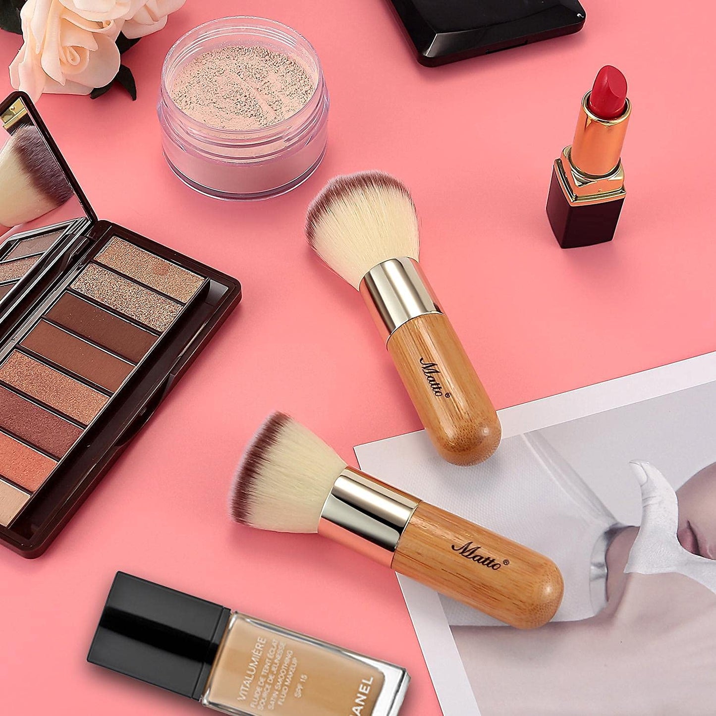2-Piece Short Makeup Brush Set with Powder and Foundation Brushes | Short bamboo handle makeup brushes for travel. Powder brush for loose or pressed powder. Foundation brush for liquid, cream