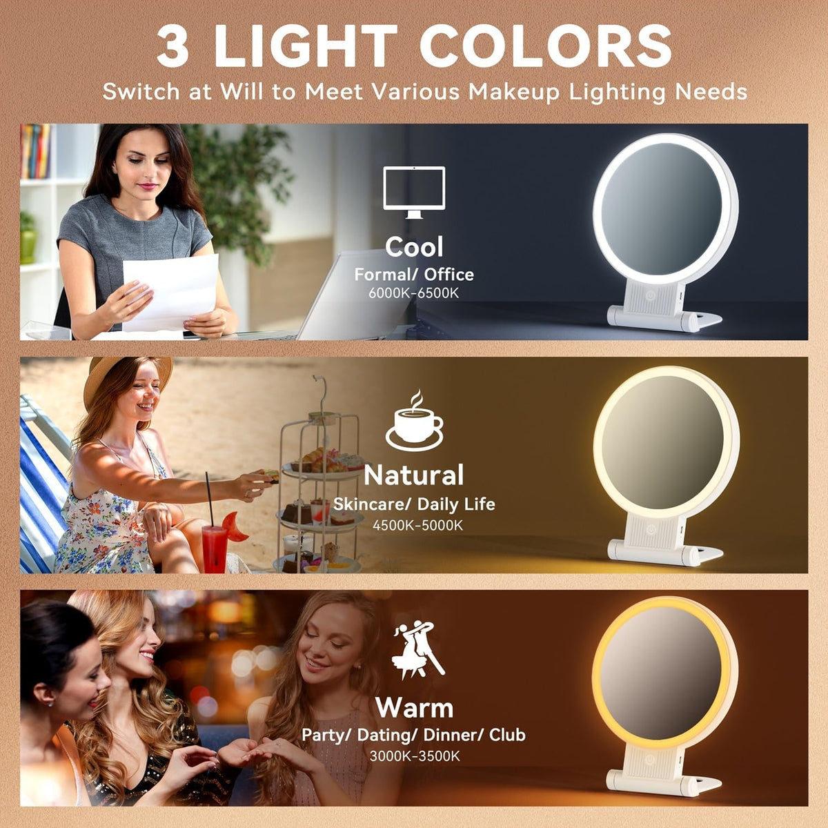 Auxmir 30X/1X Makeup Magnifying Mirror with Light, BM-2403 | double-sided button, adjustable 3 color lights, foldable design, desk mirror for travel women, 2000mAh battery, twezzers