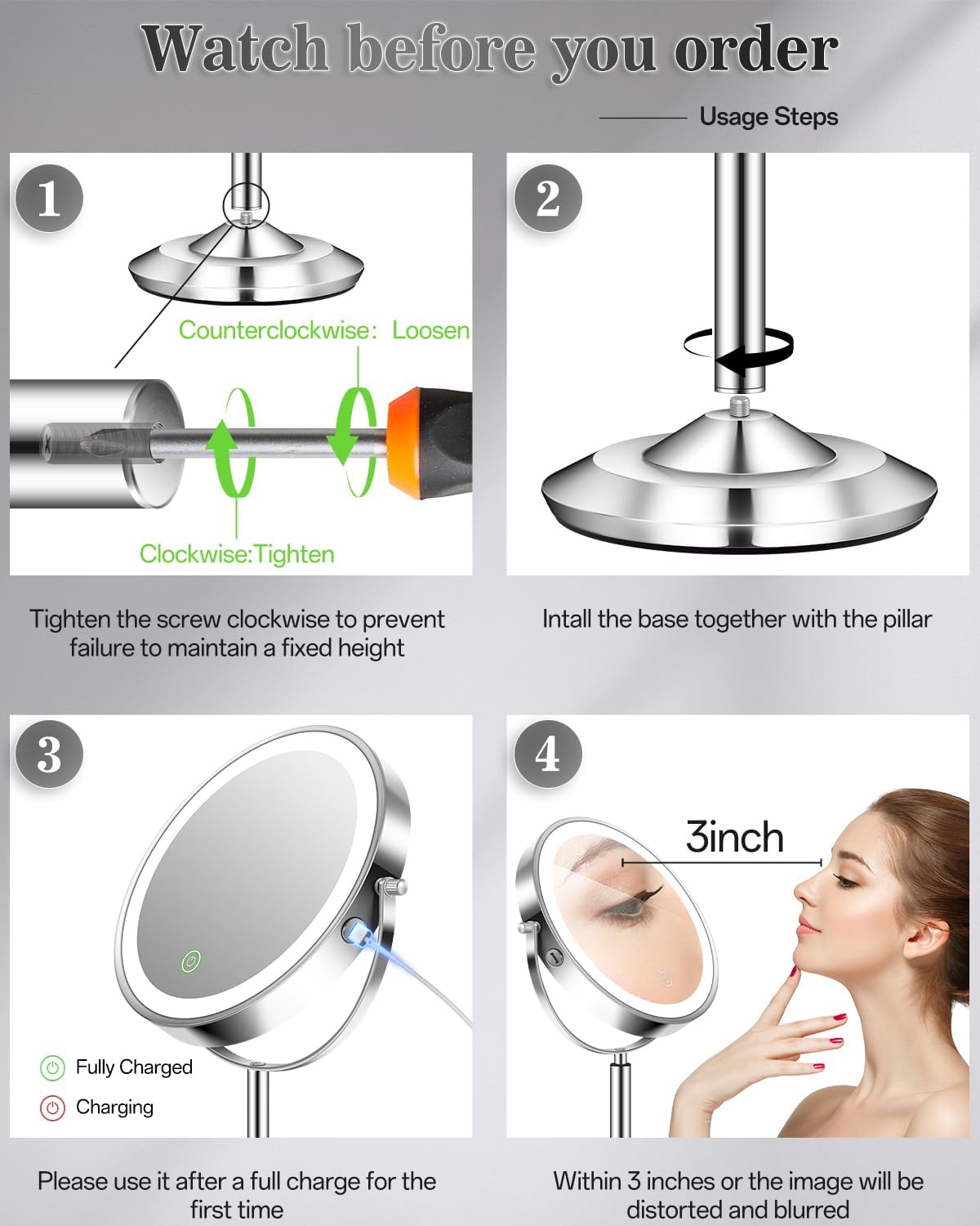 1X/30X 8" Magnifying Makeup Mirror with Lights Height Adjustable for Desk | 3000mAh Rechargeable Lighted Magnifying Mirror Double Sided Vanity Mirrors with 3 LED Lighting Touch Dimmable for Women Gift