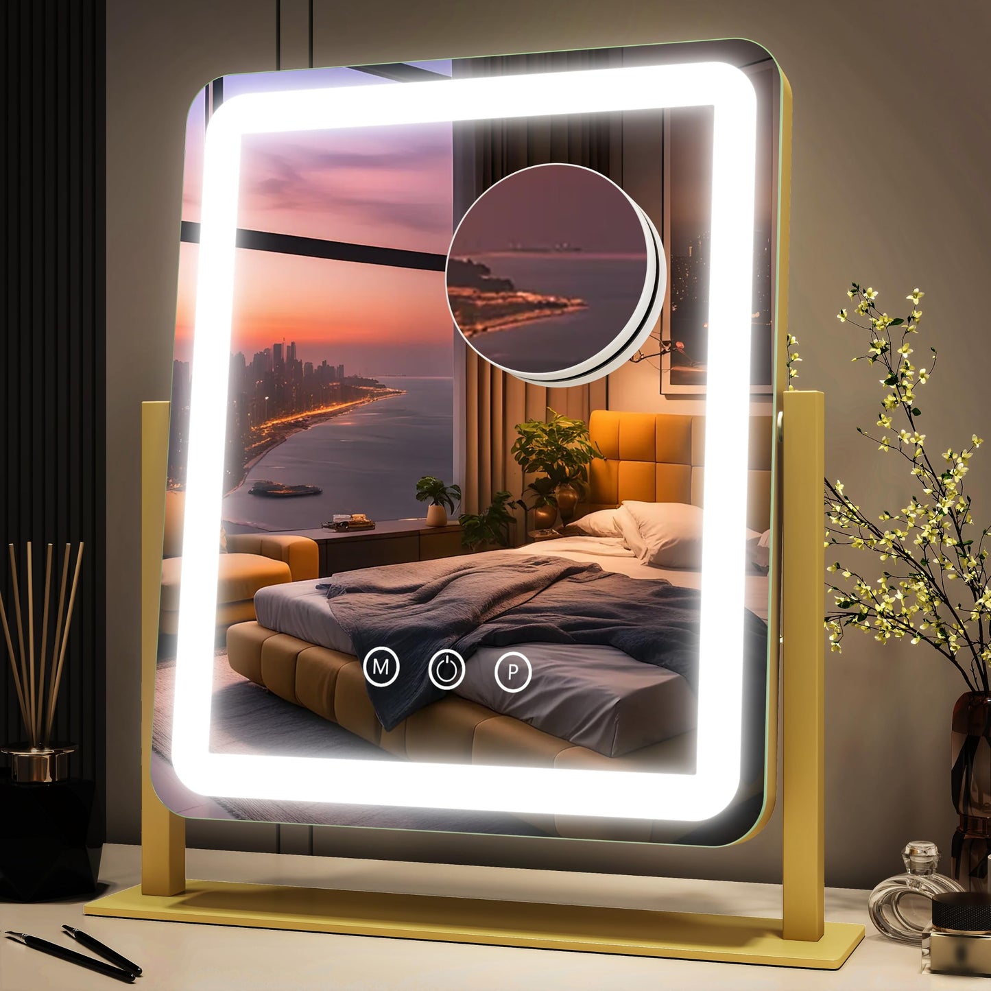 FENNIO Vanity Mirror with Lights 22''x18'' Makeup Mirror with Lights,Lighted Makeup Mirror with 10X Magnification and USB，Smart Touch Screen with 3-Color Lighting,Dimmable（Square White）