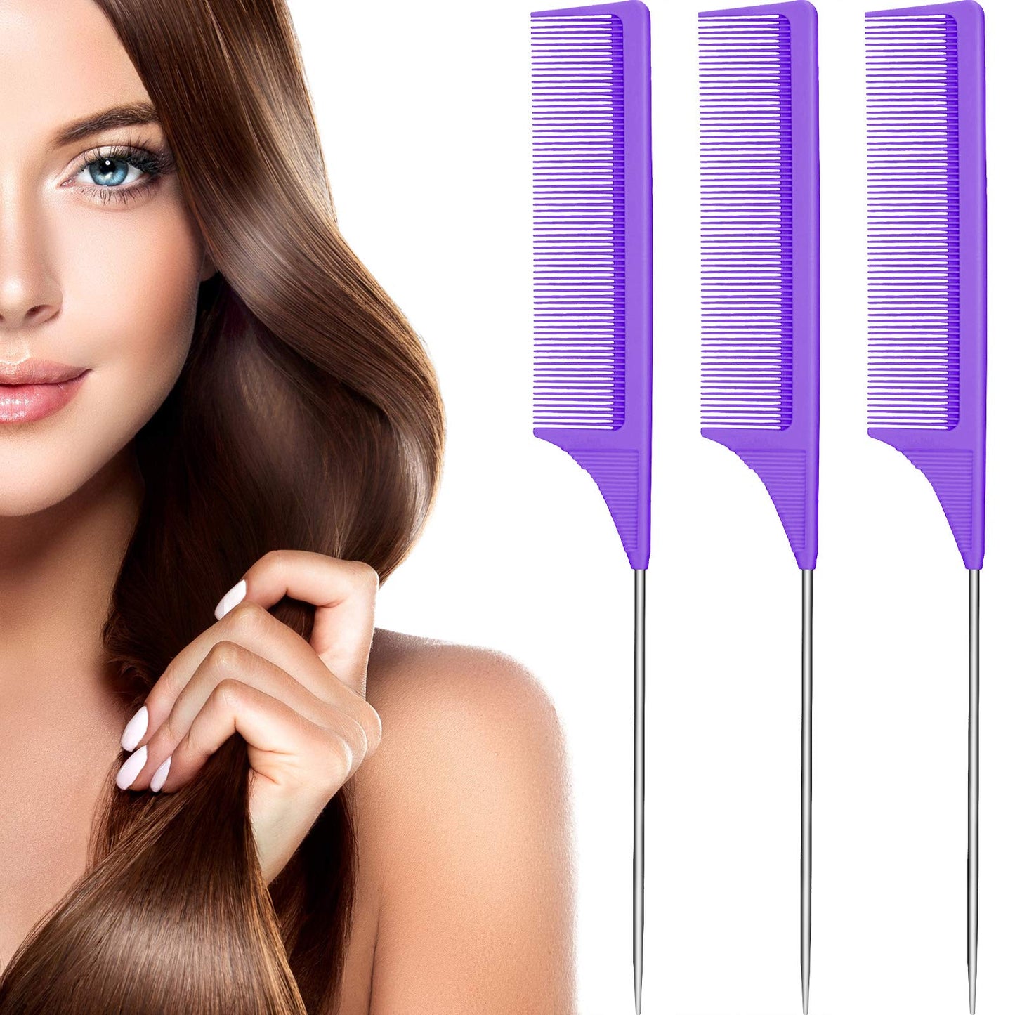 Leinuosen 3 Pack Rat Tail Comb Carbon Fiber,Black | Steel Pin Tail for Sectioning, Heat Resistant Teasing, Pick Comb for Women Wig Styling, Fishtail Design for Salon Updos