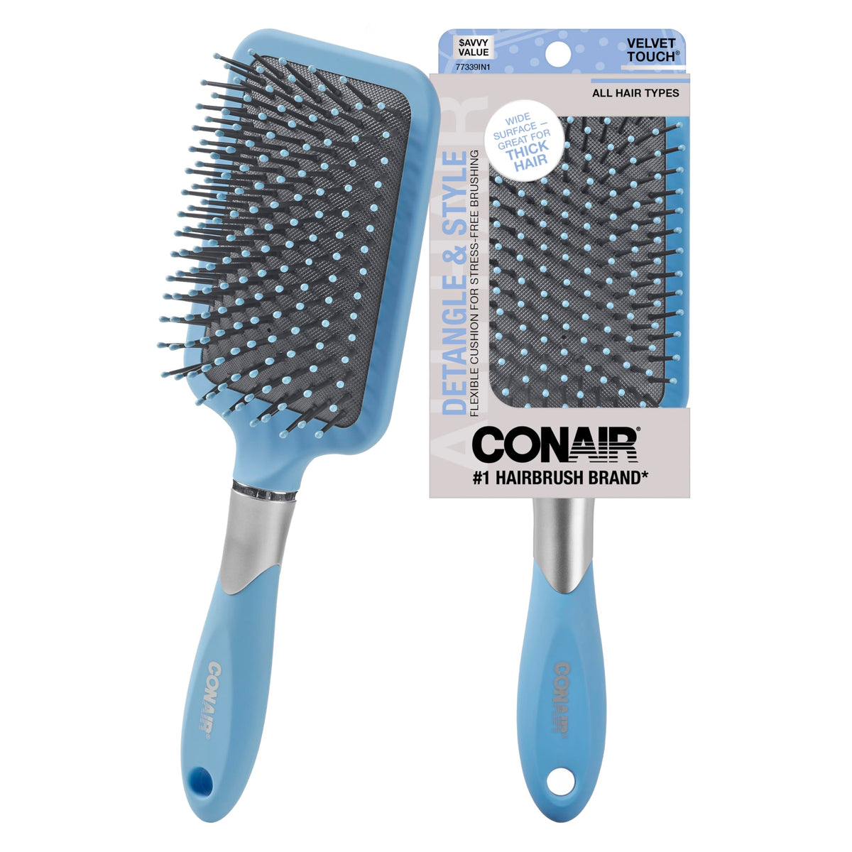 Conair Paddle Hair Brush, Ultra Wide Detangling Design for Thick Hair | Paddle detangler brush with ball-tipped bristles, a soft-touch handle, and a flexible cushion base for stress-free brushing