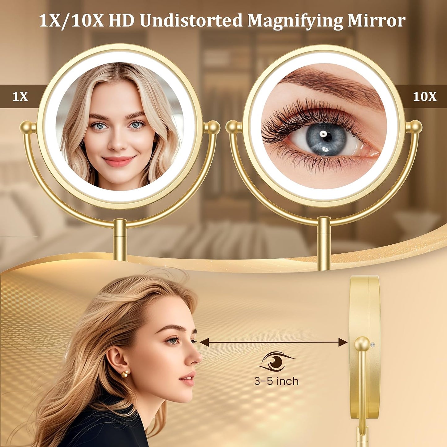 Professional 8.5" Large Lighted Makeup Mirror with Brighter Lights, 1X/10X True HD Magnifying Mirror with 3 Color Dimmable Lights, 90 Shadowless LEDs, 360°Swivel Seamless Vanity Mirror, Gold Nickel