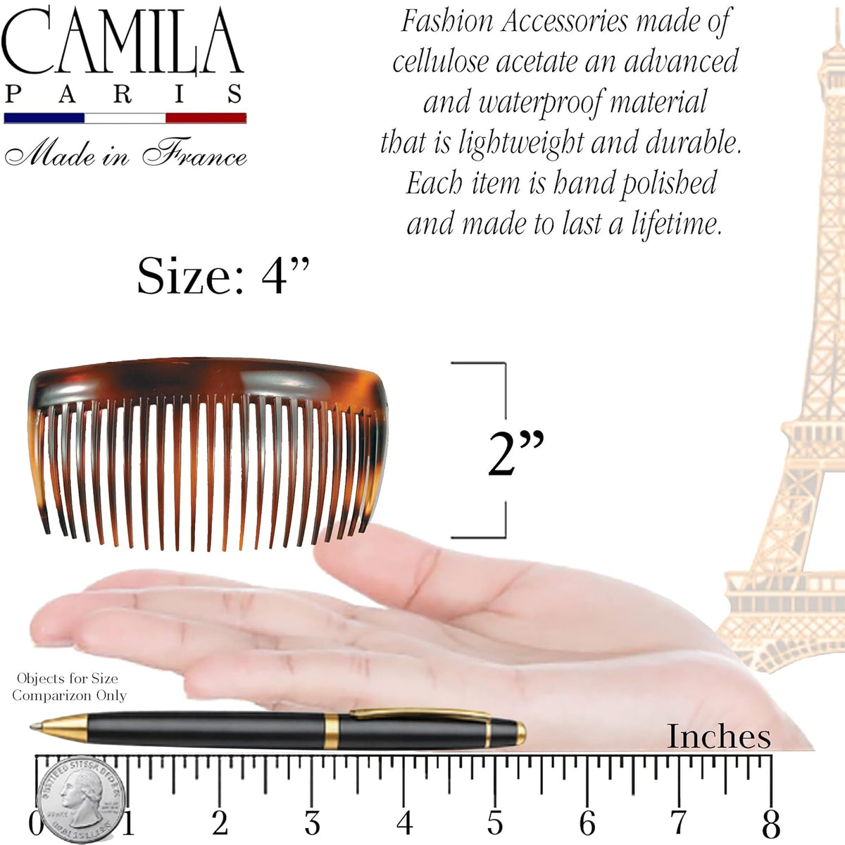 Camila Paris AD66/2 French Side Comb Large Curved Tortoiseshell Hair Combs for Women Fine Hair, 4 Inch Strong Hold Comb for Women Bun Chignon Up-Do Styling Girls Hairstyle Accessories, Made in France