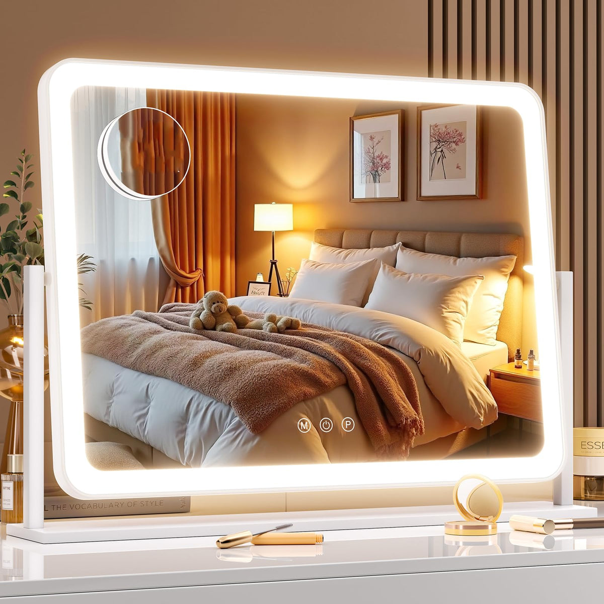 Gvnkvn Lighted Makeup Mirror, 17.3"x13" Hollywood Vanity Mirror with Led Lights, Three Color Lighting Modes, and 10X Magnification Mirror, Smart Touch Control, 360°Rotation (White, Gift Box)
