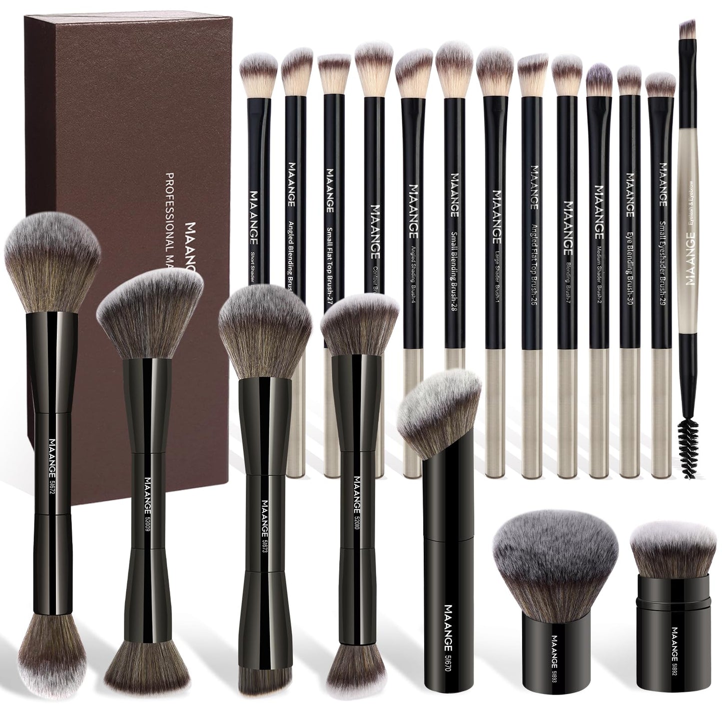 MAANGE 20 Pcs Makeup Brushes with Gift Box, Double-End Multi-functional Makeup Brushes for Blending Liquid Powder Concealer Cream Blush Buffe,Champagne