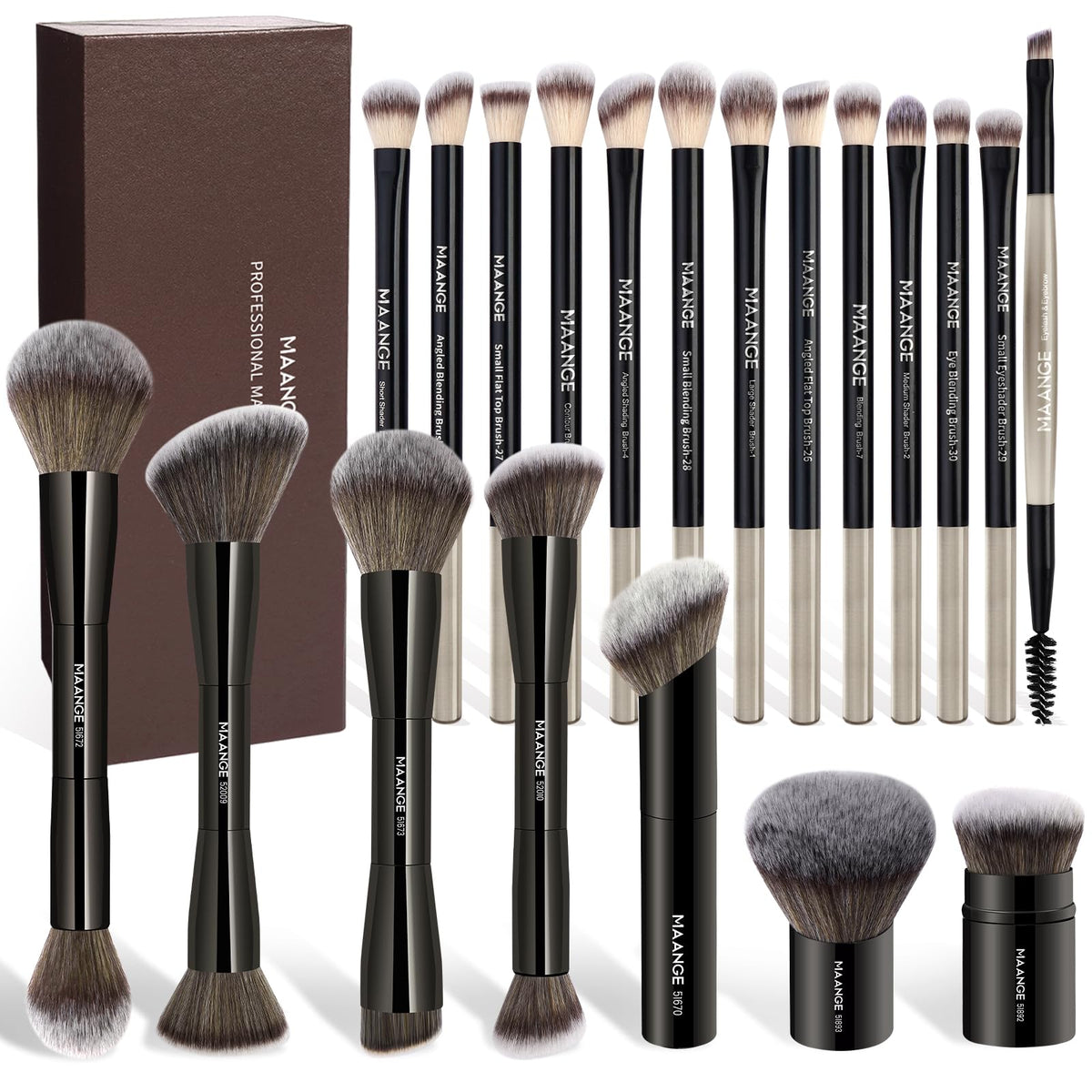 MAANGE 20 Pcs Makeup Brushes with Gift Box, Double-End Multi-functional Makeup Brushes for Blending Liquid Powder Concealer Cream Blush Buffe,CoffeeBrown