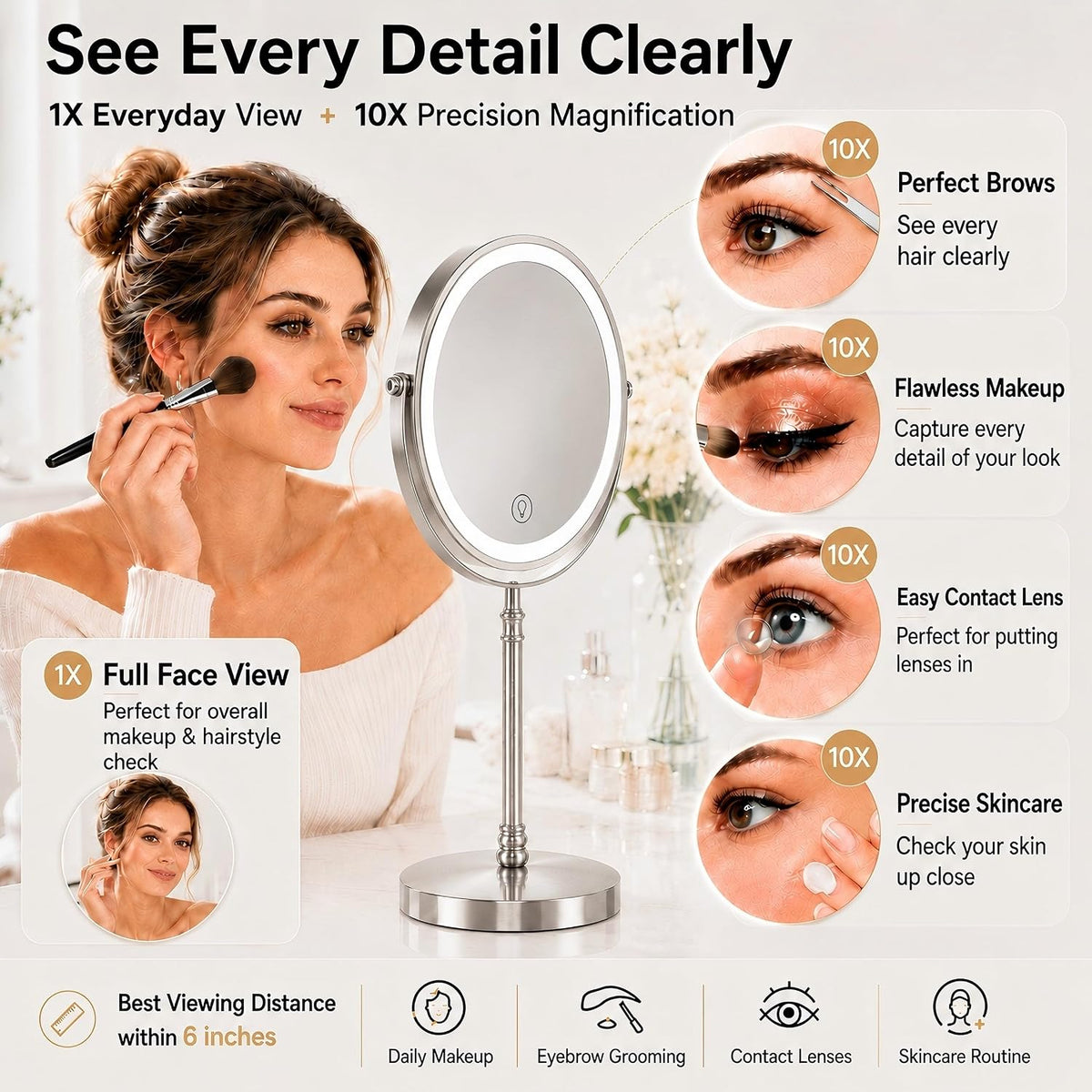 DEIOVWXS Makeup Mirror, Rechargeable Vanity Mirror with 3 Lights, 1X/10X | Adjustable Brightness, 3000mAh, Double-Sided, Gift for Mom, Women, Wife, Girls, Dorm Room Essential