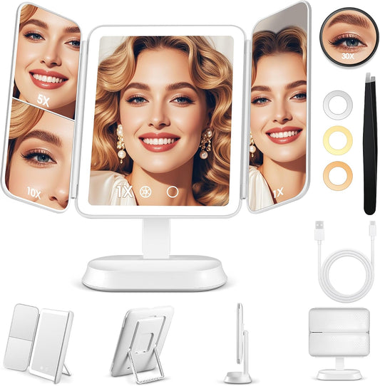 Makeup Mirror with Lights and 30X/10X/5X Magnification, Vanity Mirror with 3 Color Lights, Rechargeable, Detachable, Lighted Makeup Mirror with Magnification, Trifold Mirror, Gifts, White