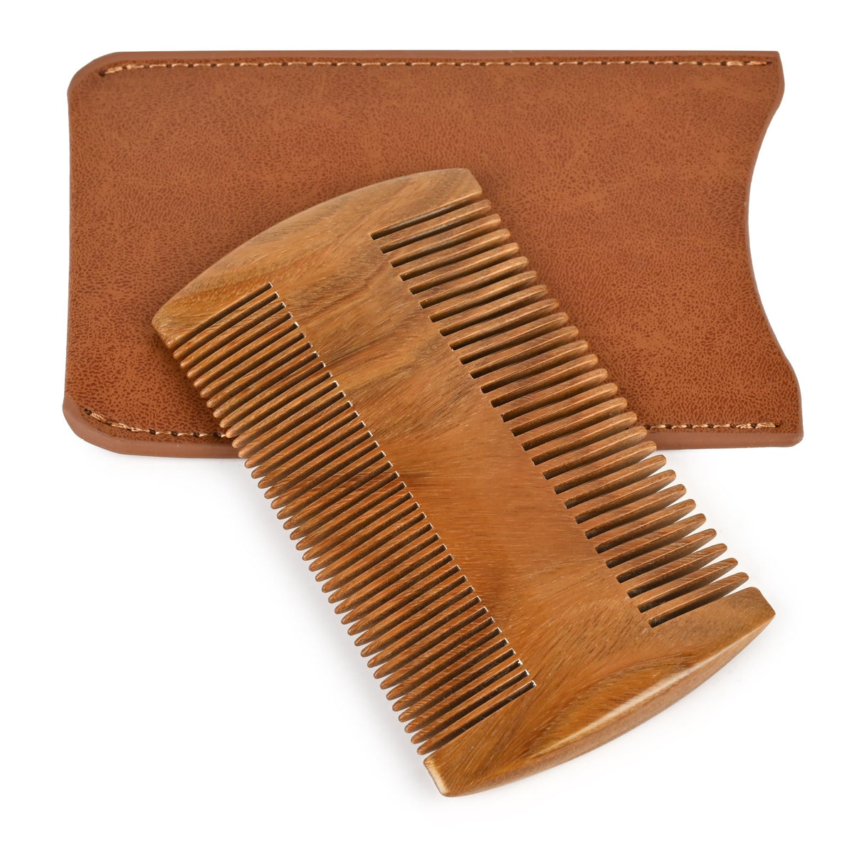 Onedor Handmade 100% Natural Green Sandalwood Wooden Comb for Men Hair, Beard, and Mustache Styling Pocket Comb With Leather Case (Long)