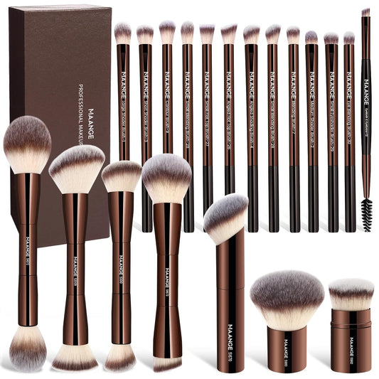 MAANGE 20 Pcs Makeup Brushes with Gift Box, Double-End Multi-functional Makeup Brushes for Blending Liquid Powder Concealer Cream Blush Buffe,CoffeeBrown