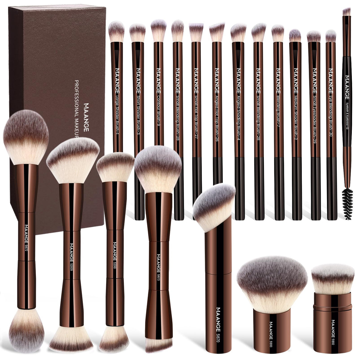 MAANGE 20 Pcs Makeup Brushes with Gift Box, Double-End Multi-functional Makeup Brushes for Blending Liquid Powder Concealer Cream Blush Buffe,Champagne