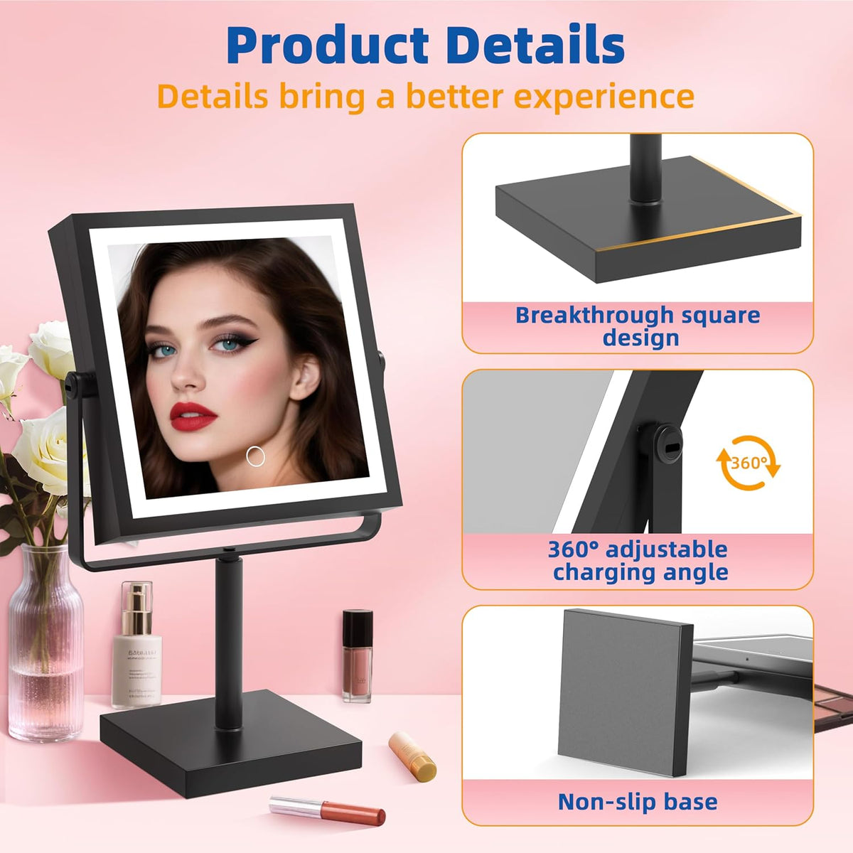 Ruacq Makeup Mirror with Lights 1X/10X Height Adjustable Matte Black | 8",4000mAh Rechargeable,Dual Sided Magnifying Vanity Mirror,3 Color Lights,Adjustable Brightness,Square,Gift for Women