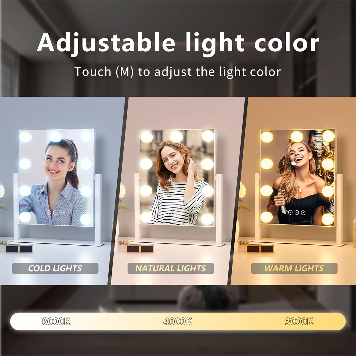 Acoolda Vanity Mirror with Lights, Hollywood Vanity Makeup Mirror with 9 Dimmable LED Bulbs, 3 Color Lighting Modes, Detachable 10X Magnification, 360°Rotation,White