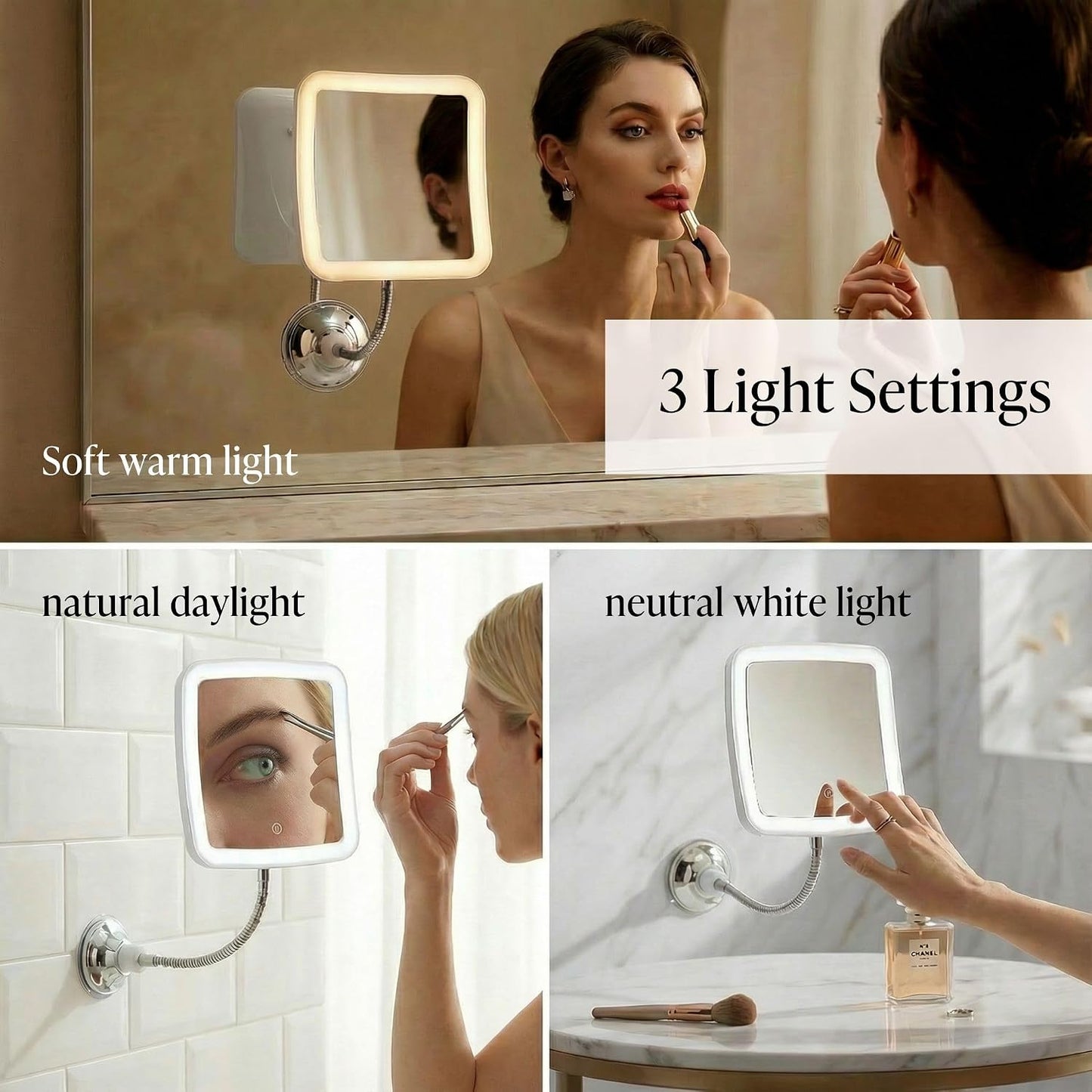 Fancii 10x Flexible Magnifying Mirror with 3 LED Light Settings, Rechargeable - Gooseneck Lighted Makeup Mirror for Bathroom, Locking Suction Mount, Cordless, 360° Rotatable (Mira 2 Plus)