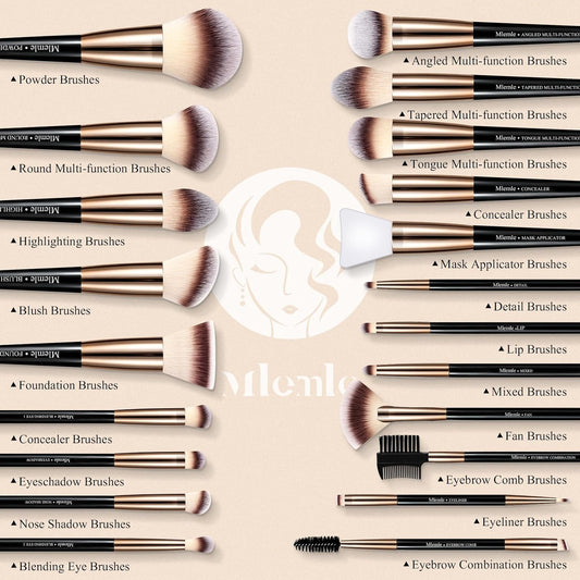 Makeup Brushes Set, Mlemle Professional 25 Pcs Makeup Kit, Include Powder Foundation Concealers Blush Eye shadows 21 Pcs Makeup Brushes and 2 Powder Puff, 2 Makeup Sponge(B02-CreamBlack)