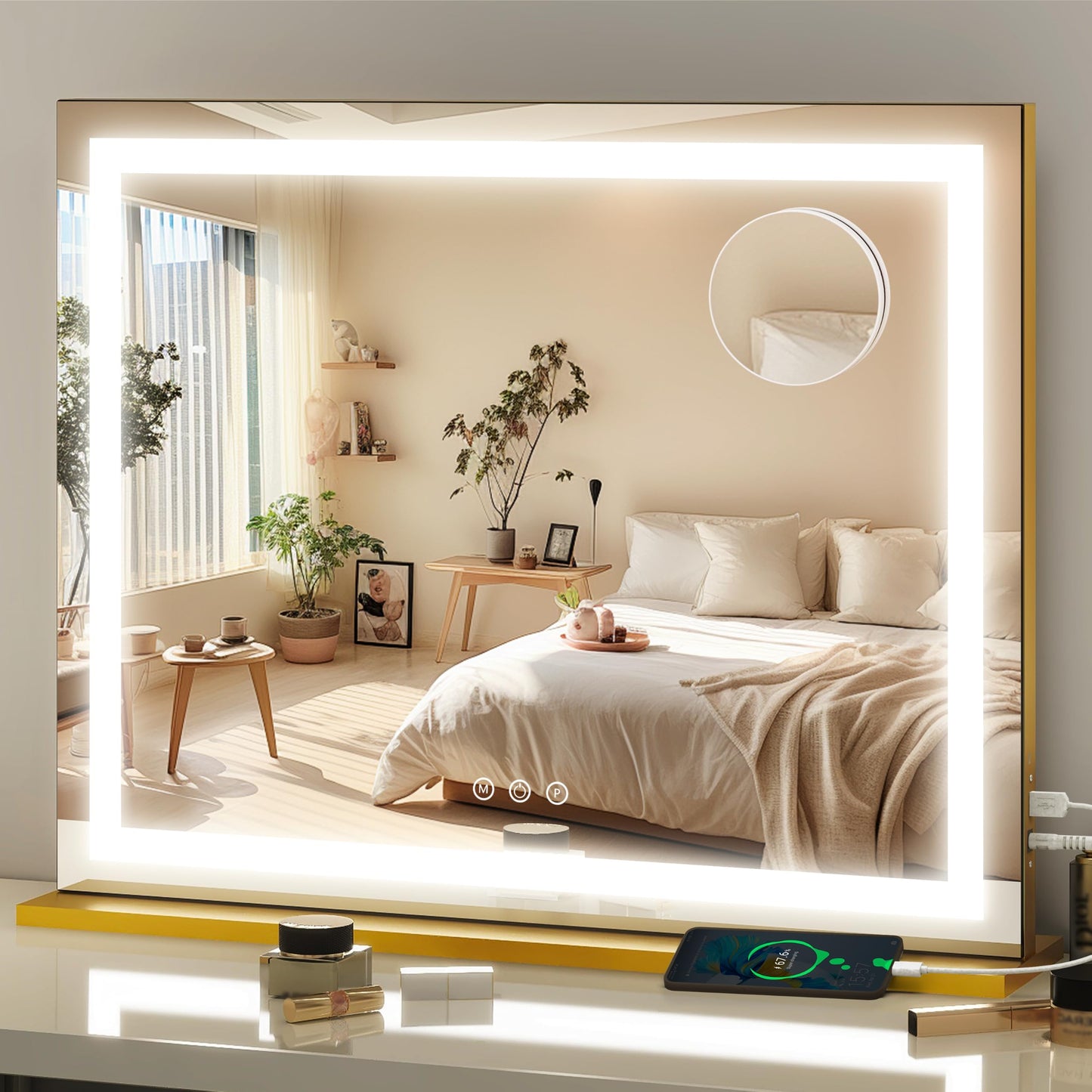 FENNIO Vanity Mirror with Lights 22''x18'' Makeup Mirror with Lights,Lighted Makeup Mirror with 10X Magnification and USB，Smart Touch Screen with 3-Color Lighting,Dimmable（Square White）