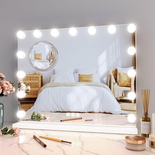 Aluminum Frame LED Makeup Mirror, 23x18 Lighted Vanity Mirror with 15 Dimmable LED Bulbs, 3 Color Modes, 3X Magnifying Mirror, Touch Dimmer, USB Type-C Port, Detachable Base, Wall Mountable