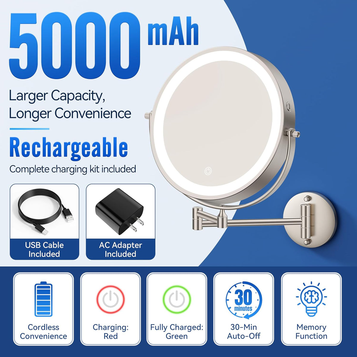 Auxmir 9″ 5000mAh 1X/30X Wall Mounted Lighted Magnifying Makeup Mirror | Power Adapter&2 Tweezers Included/ 3 Dimmable Colors/ Dual Sided Button Control/ Rechargeable/ 360° Rotation/ Nickel