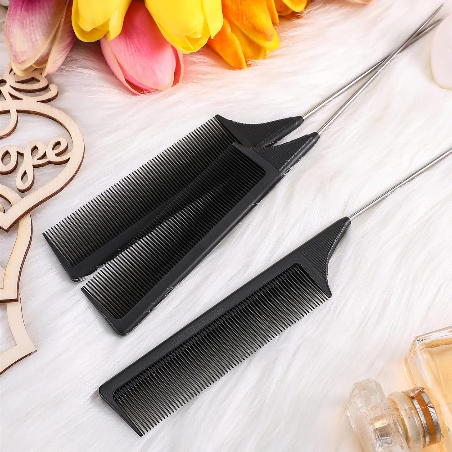 Leinuosen 3 Pack Rat Tail Comb Carbon Fiber,Black | Steel Pin Tail for Sectioning, Heat Resistant Teasing, Pick Comb for Women Wig Styling, Fishtail Design for Salon Updos