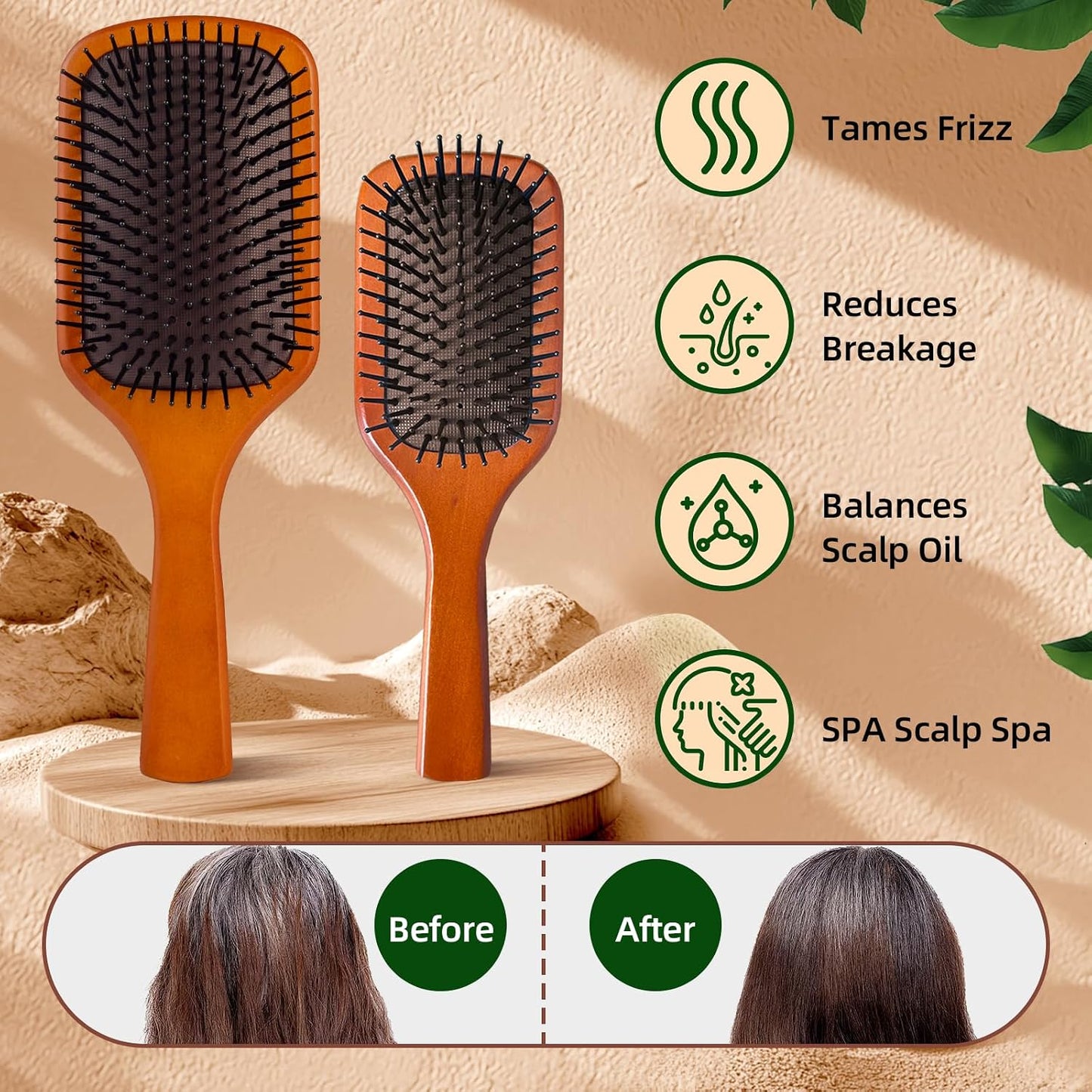 Wooden Hair Brush –Detangling Air Cushion Paddle, Anti-Static, Reduces Breakage, for Curly & Straight Hair, Wet & Dry Use for Women Men All Hair Types