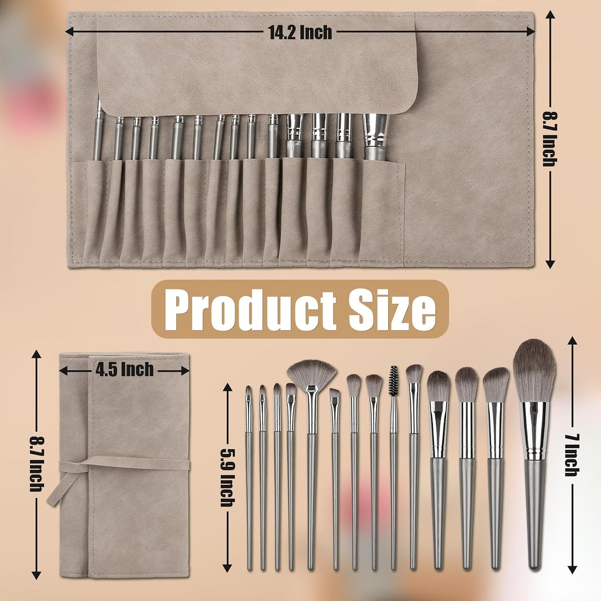 Amrules 14 Pcs Professional Makeup Brush Set, with PU Bag, Grayish | Makeup brushes, including eye and face foundation brush sets, eyeshadow brushes and other makeup brushes, ideal for beginners