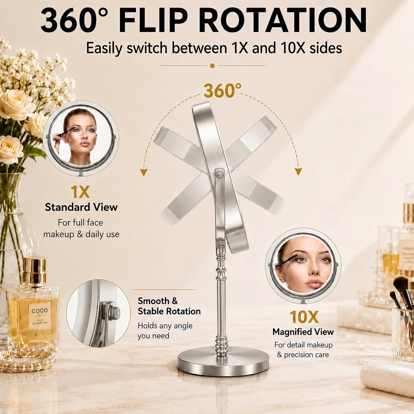 DEIOVWXS Makeup Mirror, Rechargeable Vanity Mirror with 3 Lights, 1X/10X | Adjustable Brightness, 3000mAh, Double-Sided, Gift for Mom, Women, Wife, Girls, Dorm Room Essential