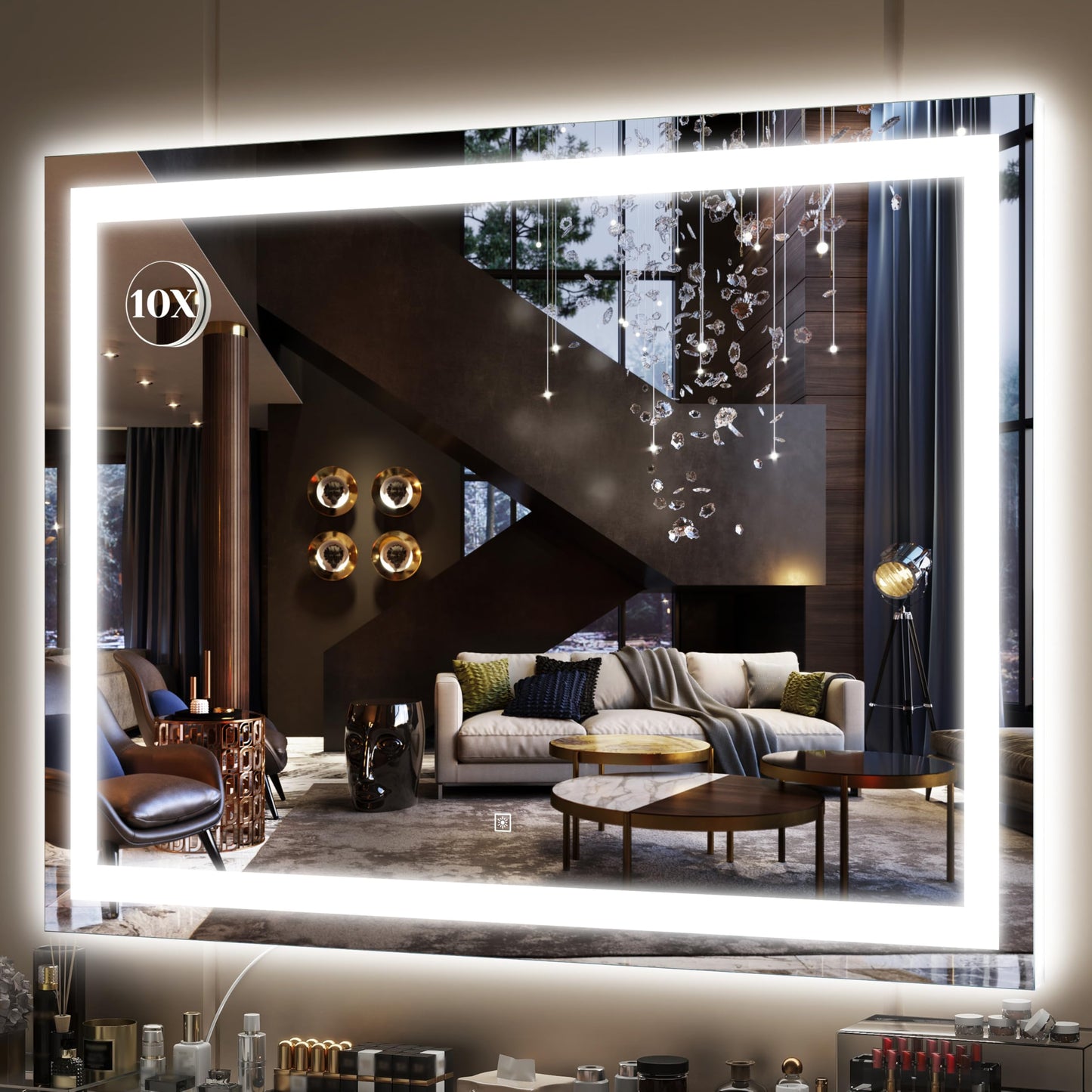 FENNIO Vanity Mirror with Lights 22''x18'' Makeup Mirror with Lights,Lighted Makeup Mirror with 10X Magnification and USB，Smart Touch Screen with 3-Color Lighting,Dimmable（Square White）