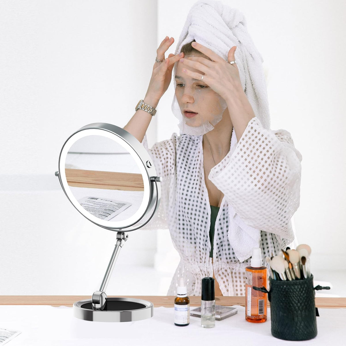 Tabletop Makeup Mirror with Built-in Vanity Tray, 9" Rechargeable 4000mAh Lighted Vanity Mirror 1X/10X Magnification, Height-Adjustable Arm, 3 Color Dimmable (9Inch Chrome)