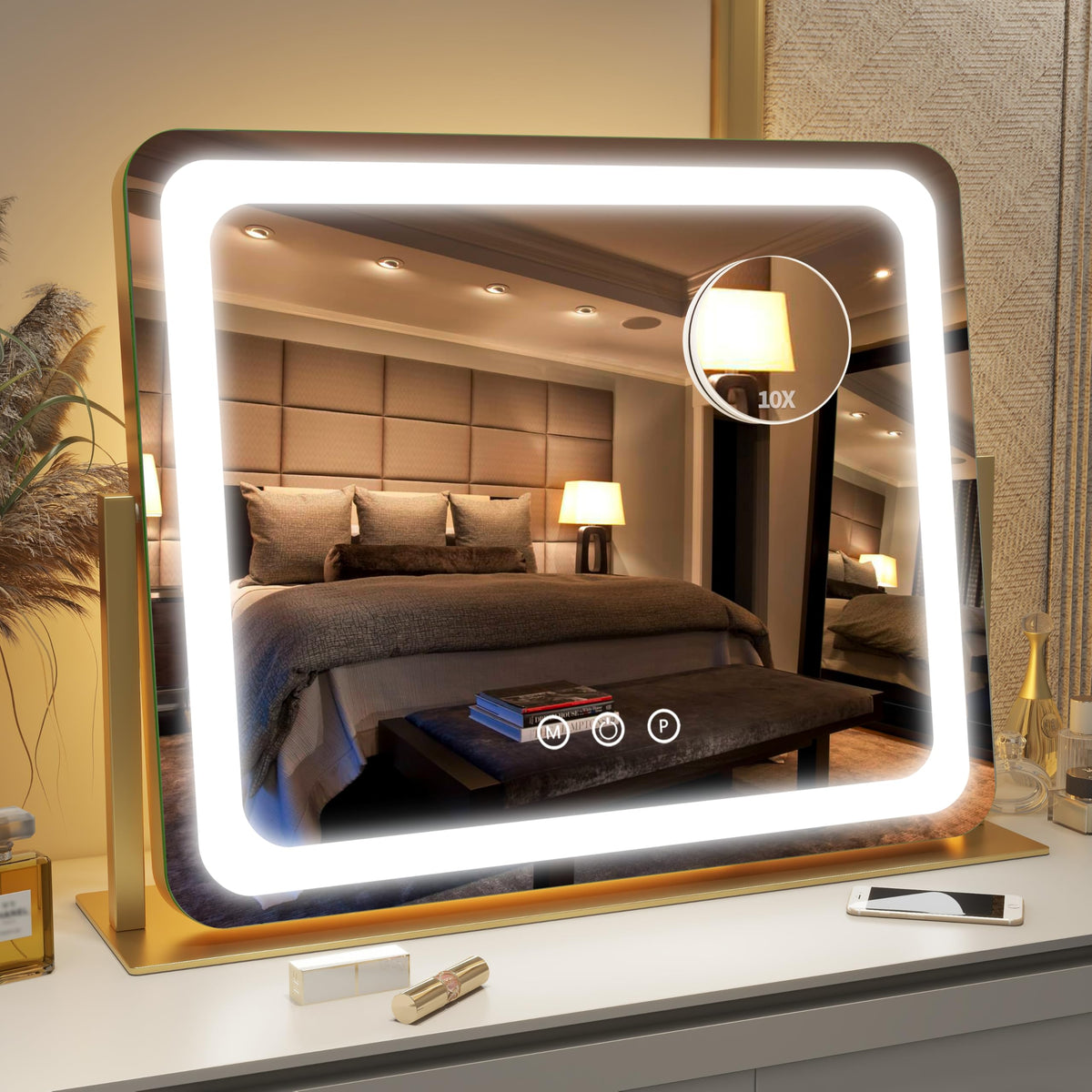 FENNIO Vanity Mirror with Lights 22''x18'' Makeup Mirror with Lights,Lighted Makeup Mirror with 10X Magnification and USB，Smart Touch Screen with 3-Color Lighting,Dimmable（Square White）